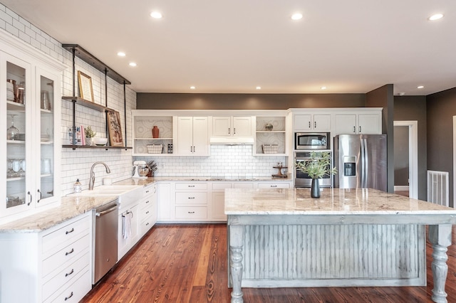 kitchen featuring a sink, open shelves, dark wood-style floors, under cabinet range hood, and stainless steel appliances