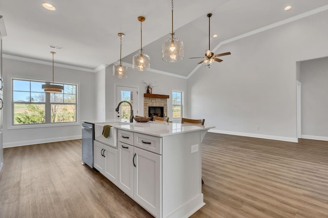 200 Creekside Dr, Lewisburg, TN 37091 - kitchen featuring ceiling fan, a stone fireplace, an island with sink, a sink, and open floor plan