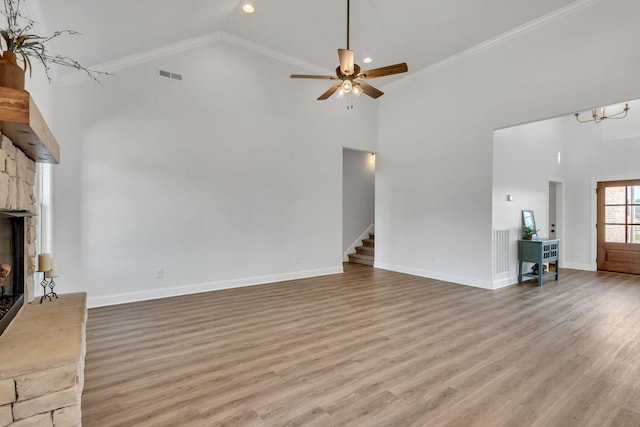 200 Creekside Dr, Lewisburg, TN 37091 - unfurnished living room featuring light wood-style flooring, a fireplace, visible vents, and high vaulted ceiling