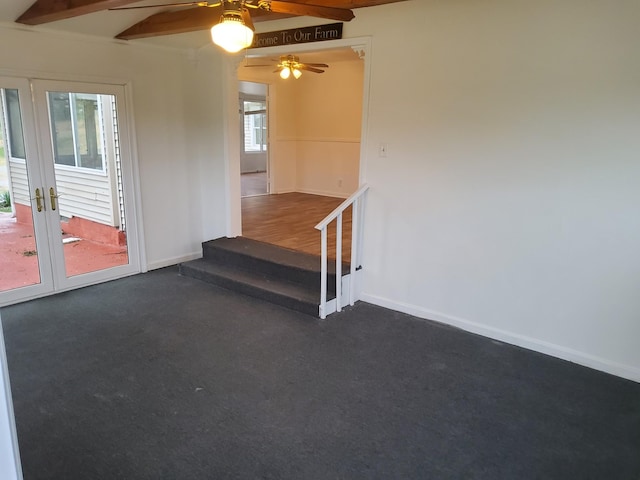 1833 Porterfield Rd, Readyville, TN 37149 - interior space featuring baseboards, a ceiling fan, beam ceiling, and carpet floors