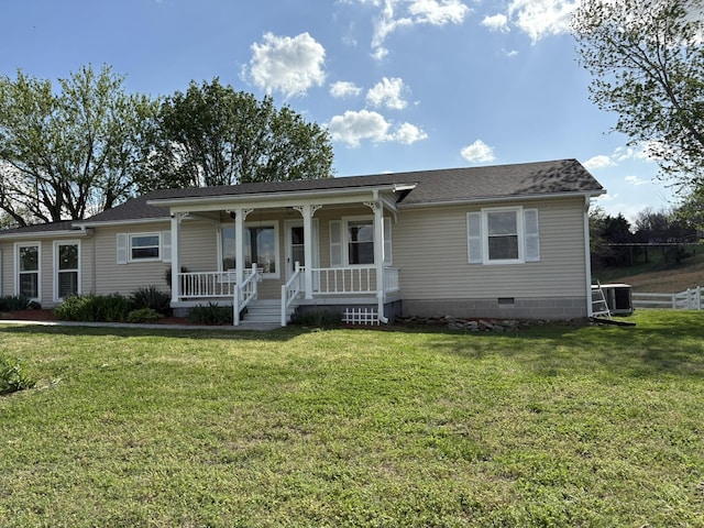 1833 Porterfield Rd, Readyville, TN 37149 - view of front of property featuring central AC unit, a front yard, a shingled roof, covered porch, and crawl space