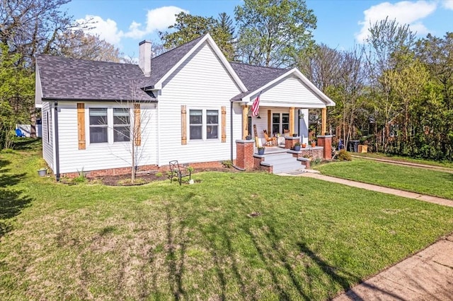 bungalow-style house with a chimney, a front lawn, a shingled roof, and a porch