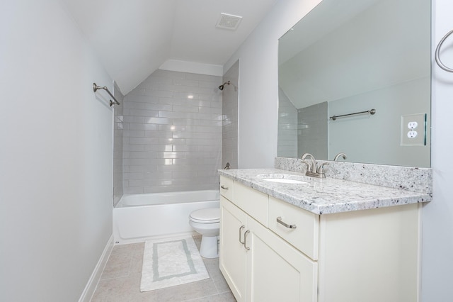 bathroom featuring toilet, vanity, lofted ceiling, tub / shower combination, and visible vents