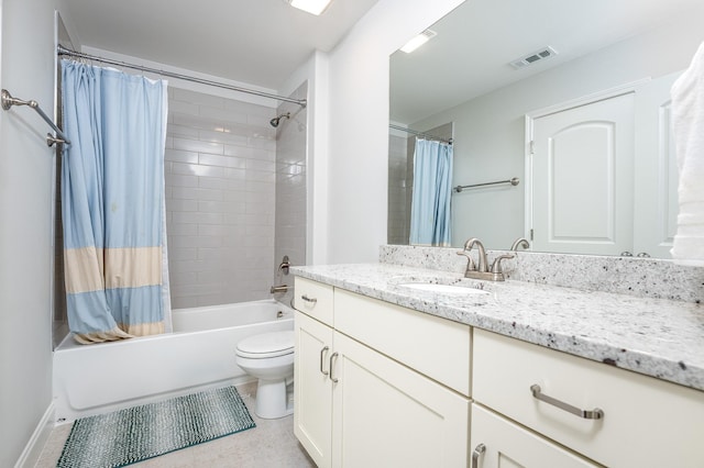 full bathroom with toilet, vanity, shower / tub combo with curtain, and visible vents