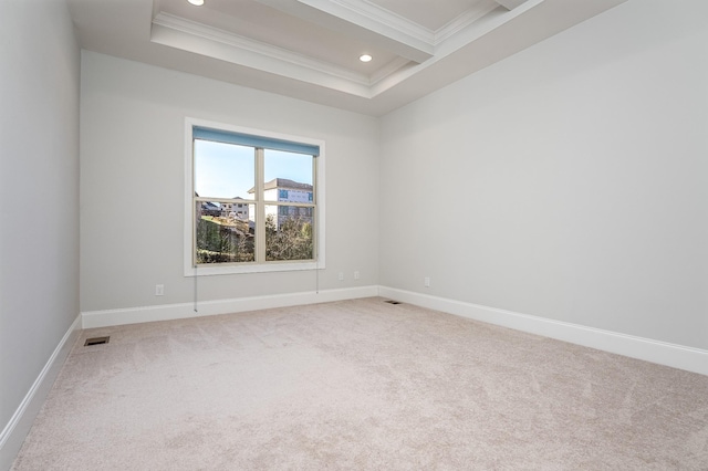 spare room with visible vents, baseboards, ornamental molding, recessed lighting, and light colored carpet