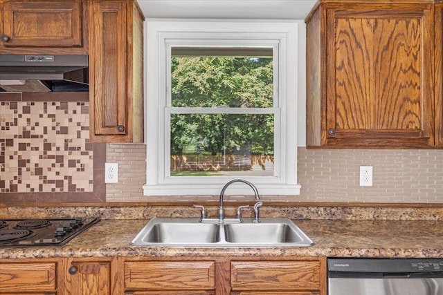 1309 Ovoca Rd, Tullahoma, TN 37388 - kitchen featuring dishwasher, a sink, black electric cooktop, under cabinet range hood, and decorative backsplash