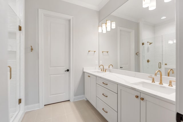 3180 Long Branch Cir, Franklin, TN 37064 - bathroom featuring tile patterned floors, a sink, a stall shower, and double vanity