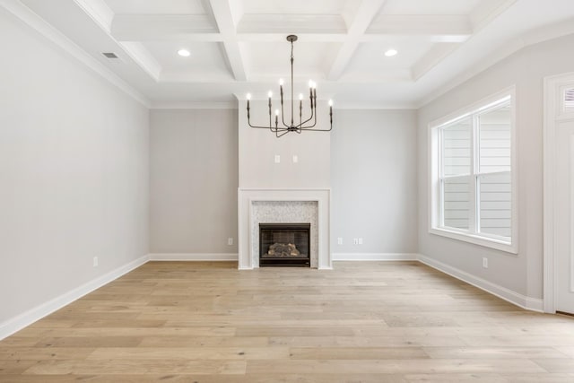 3180 Long Branch Cir, Franklin, TN 37064 - unfurnished living room with beamed ceiling, visible vents, light wood-style flooring, and a chandelier