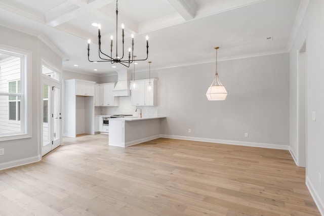 3180 Long Branch Cir, Franklin, TN 37064 - kitchen with light wood-style flooring, a peninsula, beam ceiling, custom range hood, and open floor plan