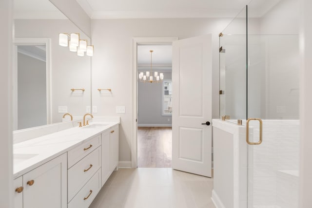 3180 Long Branch Cir, Franklin, TN 37064 - full bath featuring a notable chandelier, crown molding, a sink, a shower stall, and double vanity
