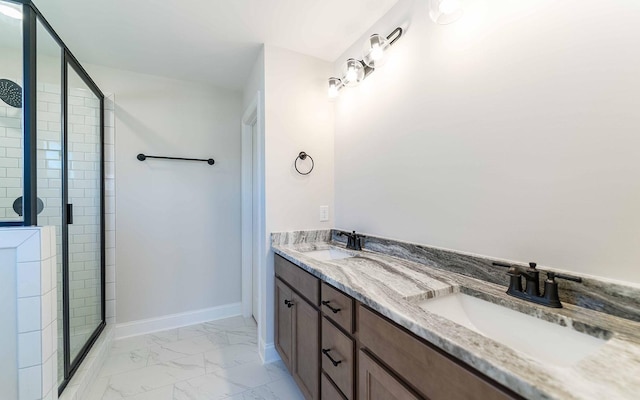 156 John T Alexander Blvd, Hendersonville, TN 37075 - bathroom featuring a stall shower, marble finish flooring, double vanity, and baseboards