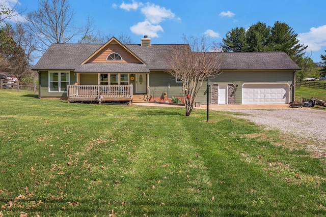 ranch-style house with gravel driveway, a front yard, a garage, a shingled roof, and a chimney