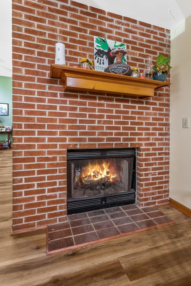 details featuring baseboards, a fireplace, and wood finished floors