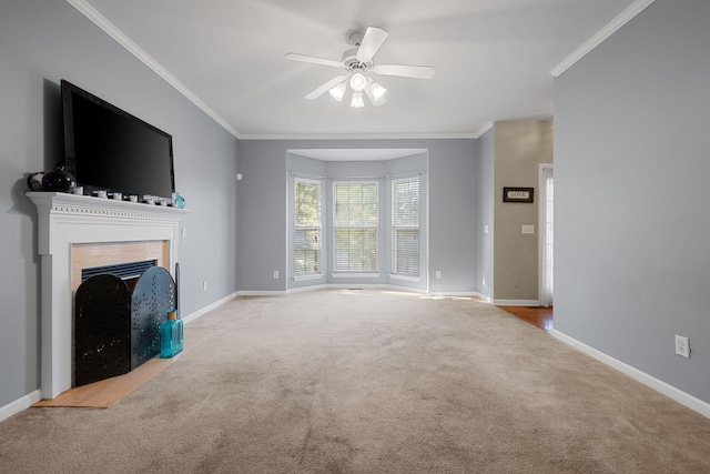 4009 Wellington Ct, Old Hickory, TN 37138 - unfurnished living room with carpet, a ceiling fan, ornamental molding, and a fireplace