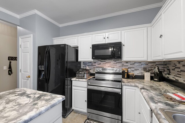 4009 Wellington Ct, Old Hickory, TN 37138 - kitchen with black appliances, tasteful backsplash, white cabinetry, and crown molding