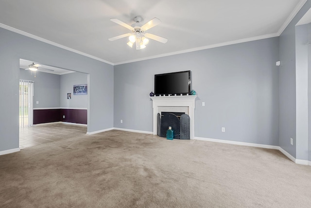 4009 Wellington Ct, Old Hickory, TN 37138 - unfurnished living room featuring ceiling fan, carpet flooring, ornamental molding, and a fireplace with flush hearth