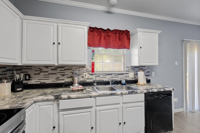 4009 Wellington Ct, Old Hickory, TN 37138 - kitchen featuring dishwasher, backsplash, white cabinetry, ornamental molding, and stainless steel range with electric stovetop