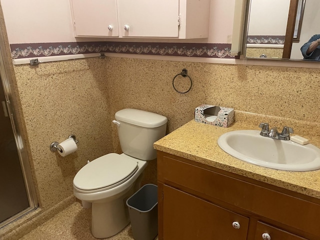 full bathroom featuring toilet, a shower stall, and vanity