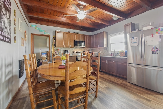 12 Dukes Ln, Kelso, TN 37348 - dining area with wooden ceiling, wood finished floors, a ceiling fan, and beam ceiling