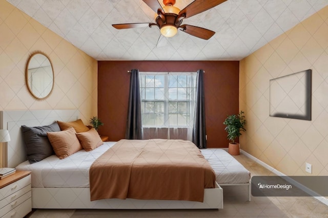bedroom with tile patterned flooring and ceiling fan