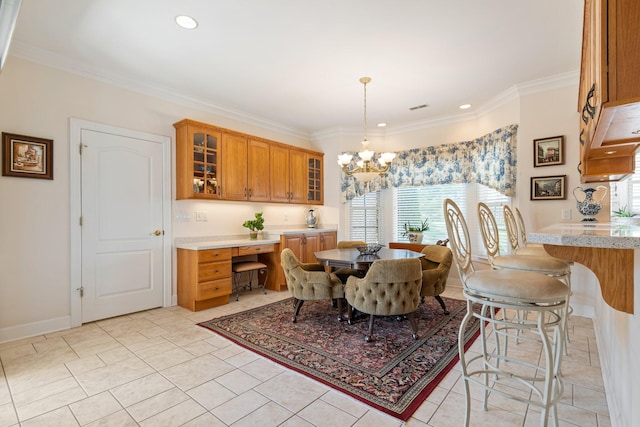 dining room featuring visible vents, baseboards, a notable chandelier, crown molding, and recessed lighting