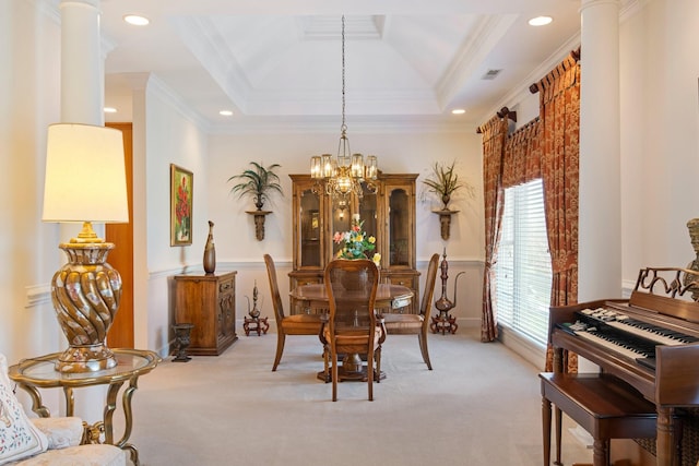carpeted dining area featuring a tray ceiling, crown molding, a notable chandelier, and recessed lighting
