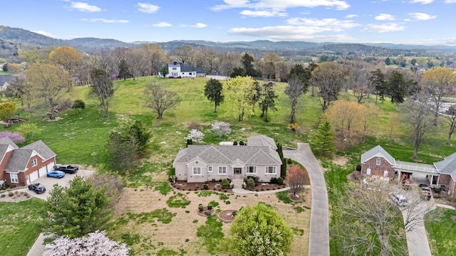 drone / aerial view featuring a mountain view