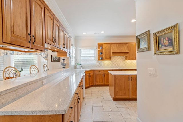 kitchen featuring crown molding, open shelves, light stone counters, light tile patterned flooring, and decorative backsplash