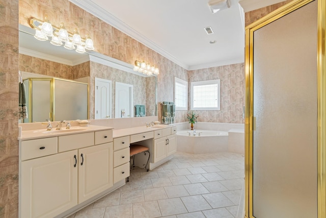 bathroom with wallpapered walls, a stall shower, crown molding, visible vents, and a garden tub