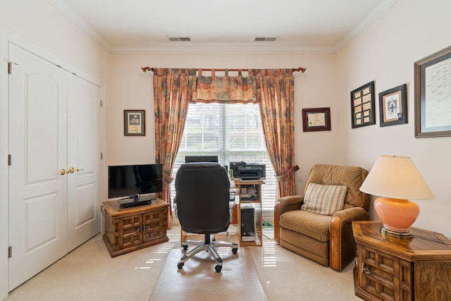 office featuring light colored carpet, ornamental molding, and visible vents
