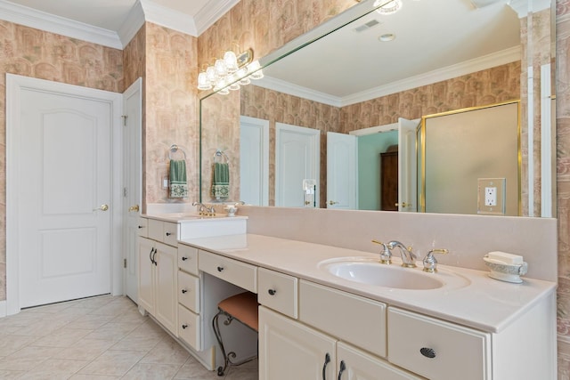 full bathroom with crown molding, visible vents, a sink, wallpapered walls, and double vanity