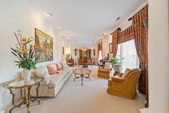 carpeted living room featuring an inviting chandelier, recessed lighting, visible vents, and ornamental molding