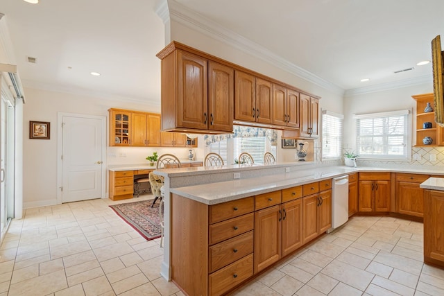 kitchen with brown cabinetry, open shelves, light countertops, and ornamental molding