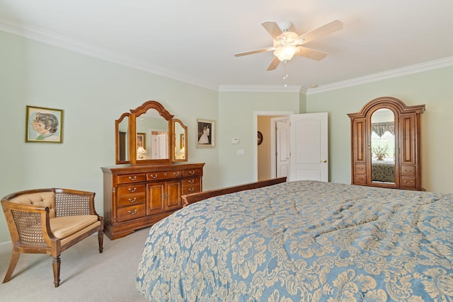 bedroom featuring a ceiling fan, light carpet, and ornamental molding