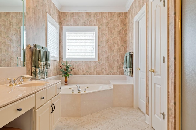 bathroom featuring a bath, crown molding, vanity, wallpapered walls, and tile patterned flooring