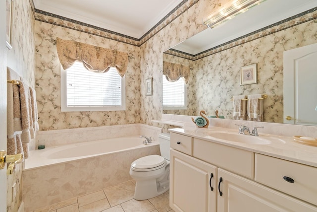 bathroom featuring toilet, a bath, wallpapered walls, and tile patterned flooring