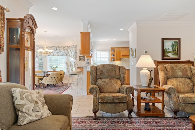 living room with ornamental molding, recessed lighting, a chandelier, and light tile patterned floors