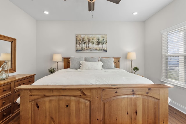 bedroom with ceiling fan, baseboards, dark wood-style floors, and recessed lighting