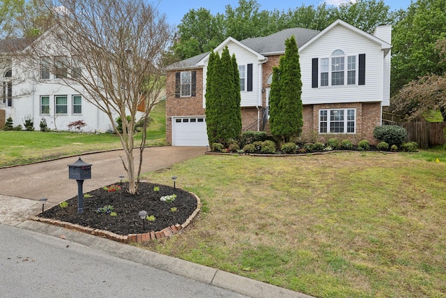 view of front of property with a garage, a front yard, brick siding, and driveway