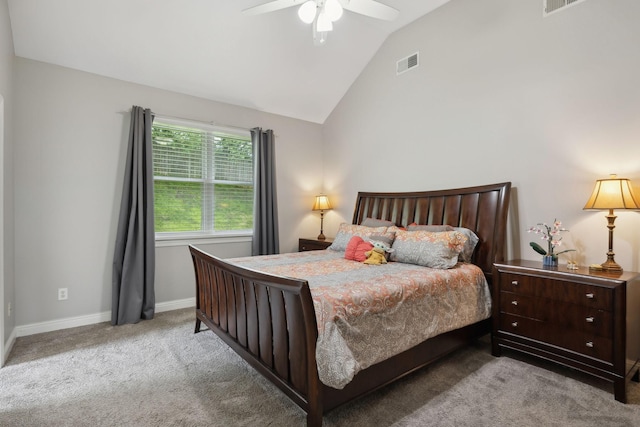bedroom with a ceiling fan, visible vents, carpet flooring, lofted ceiling, and baseboards