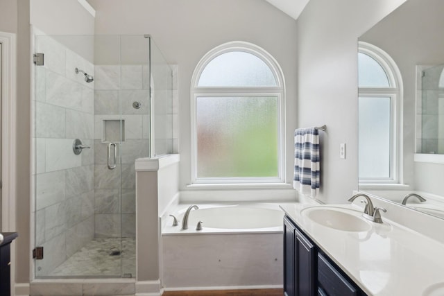 full bathroom featuring a shower stall, a wealth of natural light, double vanity, and a sink