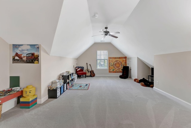 6029 Christmas Dr, Nolensville, TN 37135 - playroom featuring carpet flooring, baseboards, a ceiling fan, and lofted ceiling
