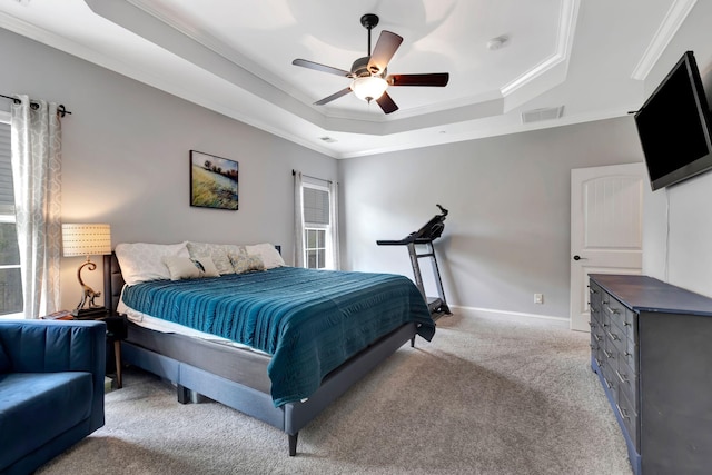 6029 Christmas Dr, Nolensville, TN 37135 - bedroom featuring light colored carpet, ornamental molding, visible vents, a raised ceiling, and baseboards