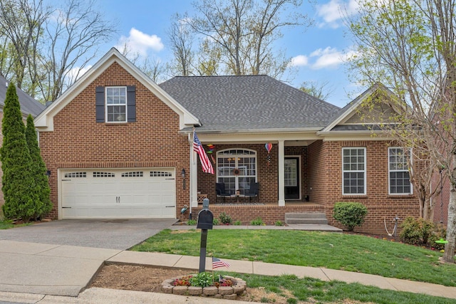 6029 Christmas Dr, Nolensville, TN 37135 - traditional-style home featuring covered porch, a front lawn, brick siding, an attached garage, and concrete driveway