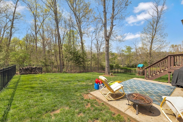 6029 Christmas Dr, Nolensville, TN 37135 - view of yard with stairway, a patio, a fire pit, and a fenced backyard
