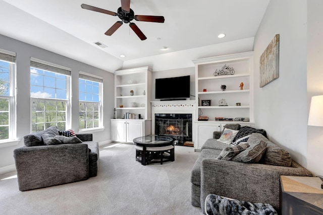 6029 Christmas Dr, Nolensville, TN 37135 - living area featuring visible vents, ceiling fan, carpet floors, recessed lighting, and a glass covered fireplace