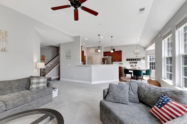 6029 Christmas Dr, Nolensville, TN 37135 - living room featuring baseboards, vaulted ceiling, a ceiling fan, visible vents, and light colored carpet