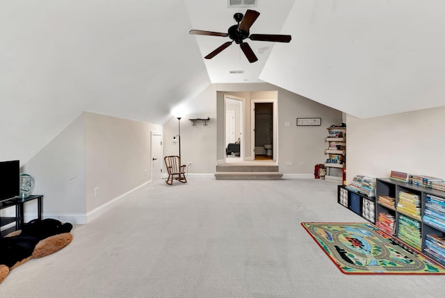 6029 Christmas Dr, Nolensville, TN 37135 - game room with baseboards, carpet flooring, a ceiling fan, visible vents, and lofted ceiling