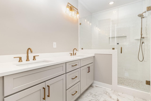 3106B Wellington Ave, Nashville, TN 37212 - bathroom with a stall shower, marble finish floor, a sink, and double vanity