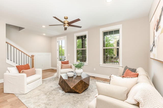 3106B Wellington Ave, Nashville, TN 37212 - living area with stairway, wood finished floors, plenty of natural light, and a ceiling fan